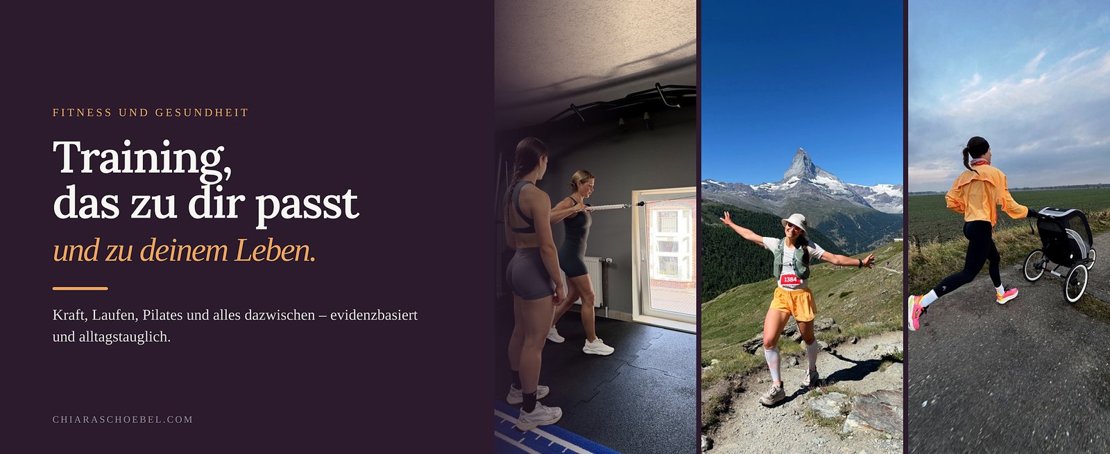 Chiara beim Krafttraining im Studio, beim Trailrunning am Matterhorn und beim Laufen mit Kinderwagen